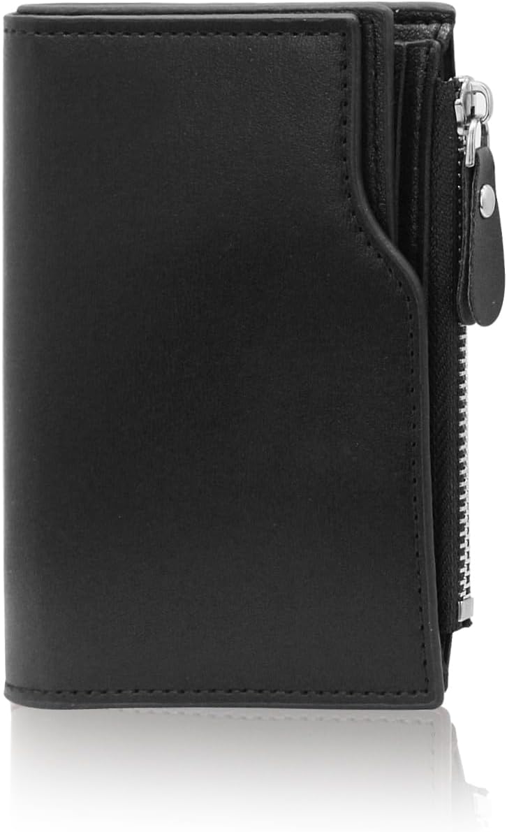 Minimalist Black Leather Wallet | Men’s Trifold Design with Zipper Coin Pocket & Multiple Card Slots