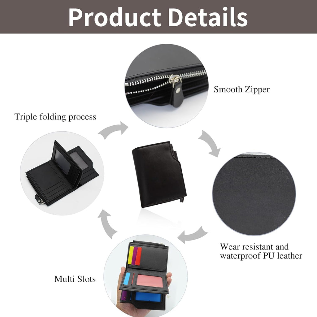 Minimalist Black Leather Wallet | Men’s Trifold Design with Zipper Coin Pocket & Multiple Card Slots