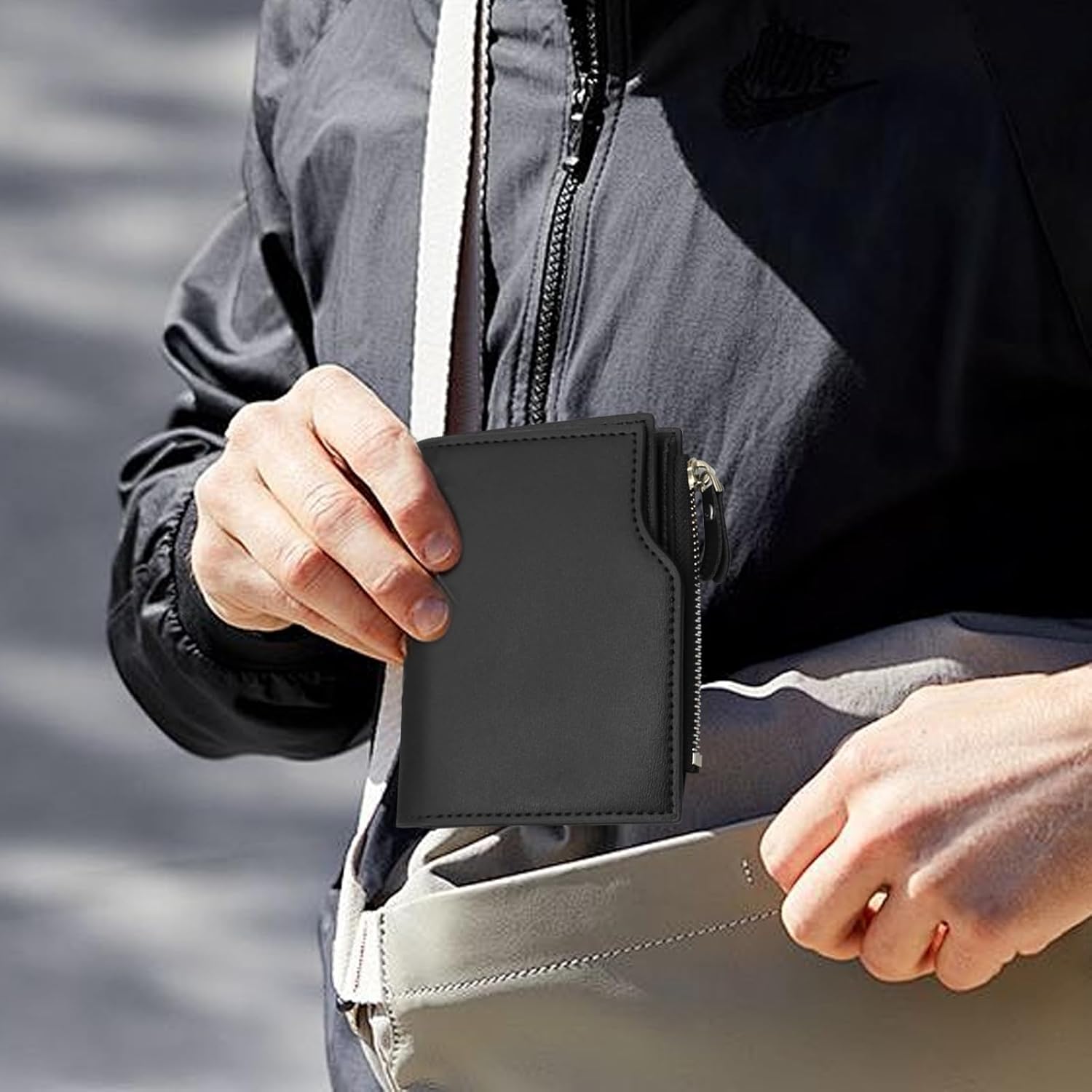 Minimalist Black Leather Wallet | Men’s Trifold Design with Zipper Coin Pocket & Multiple Card Slots