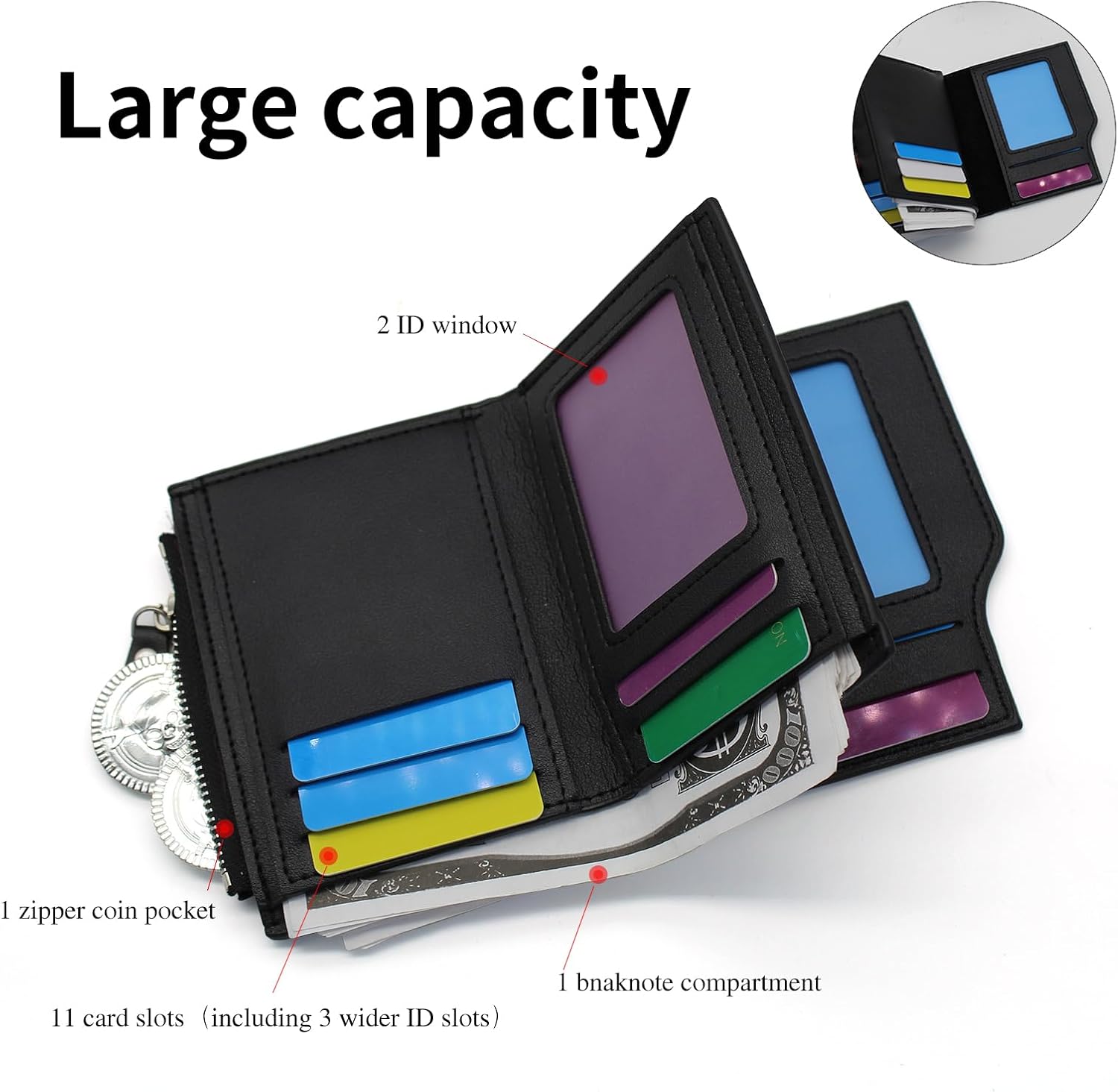 Minimalist Black Leather Wallet | Men’s Trifold Design with Zipper Coin Pocket & Multiple Card Slots