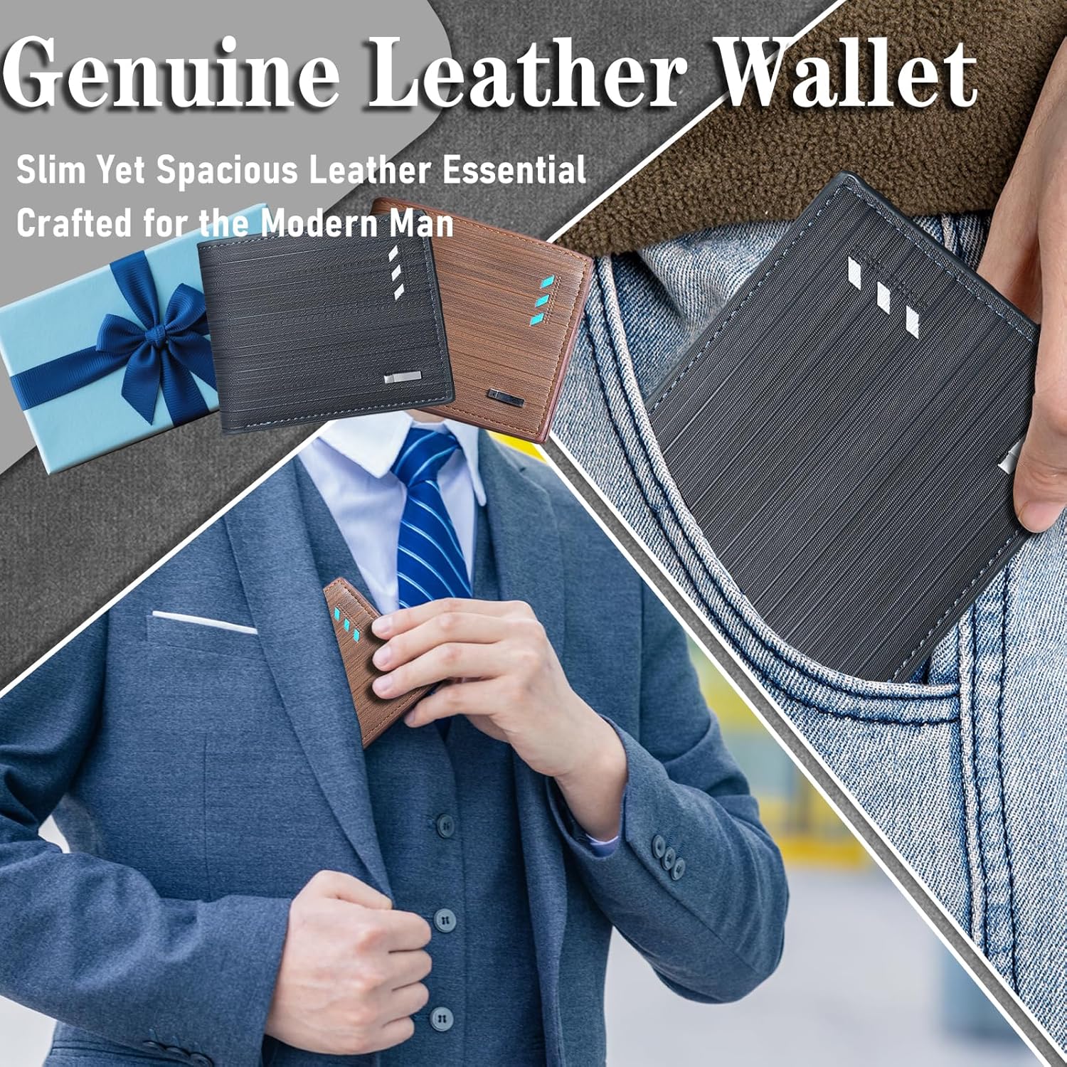 Men’s Genuine Leather Wallet – Slim Bifold Design with RFID Blocking, Business Style, Coffee Color