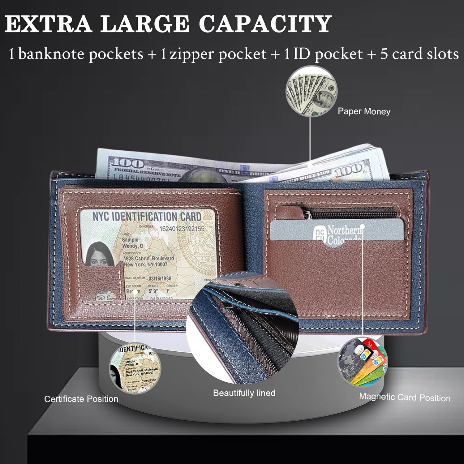 Men’s Genuine Leather Wallet – Vintage Horizontal Bifold Slim Wallet with Large Capacity